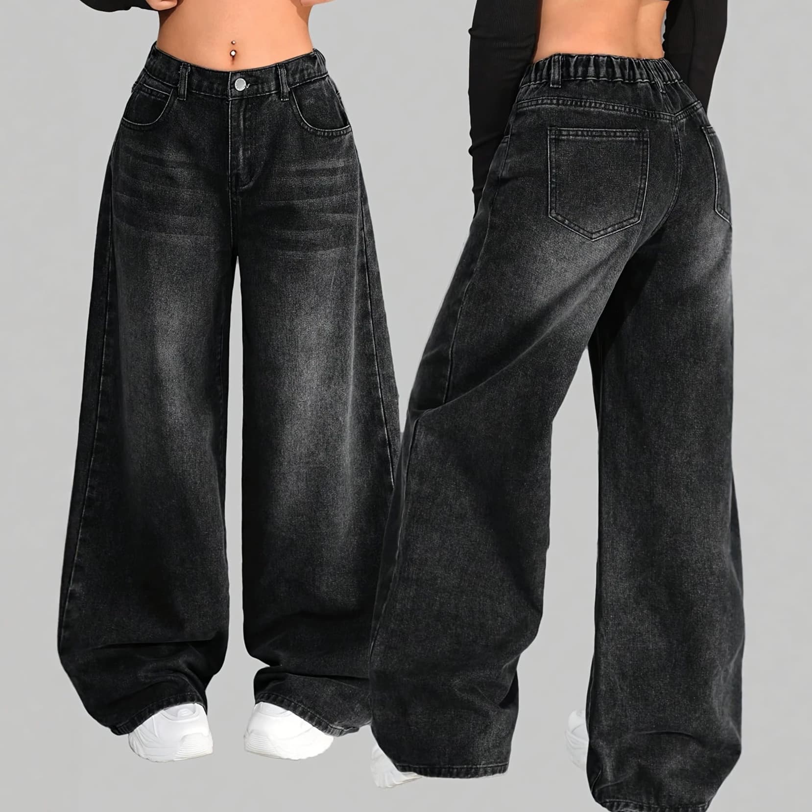 American retro whiskered black scimitar elastic women's jeans handsome JEAN European and American loose casual wide leg cross-border