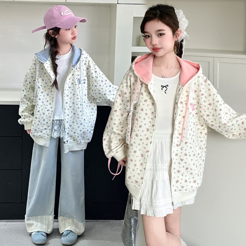 2026 Sweet Floral Print Hooded Jacket for Girls, Older Kids Spring Style Fashion Top Autumn Long Sleeve Coat