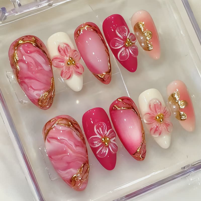 30 Pieces Gold 3D Gradient Flower Premium Red Almond Press-On Nails Handmade Rhinestone Nail Tips Wholesale