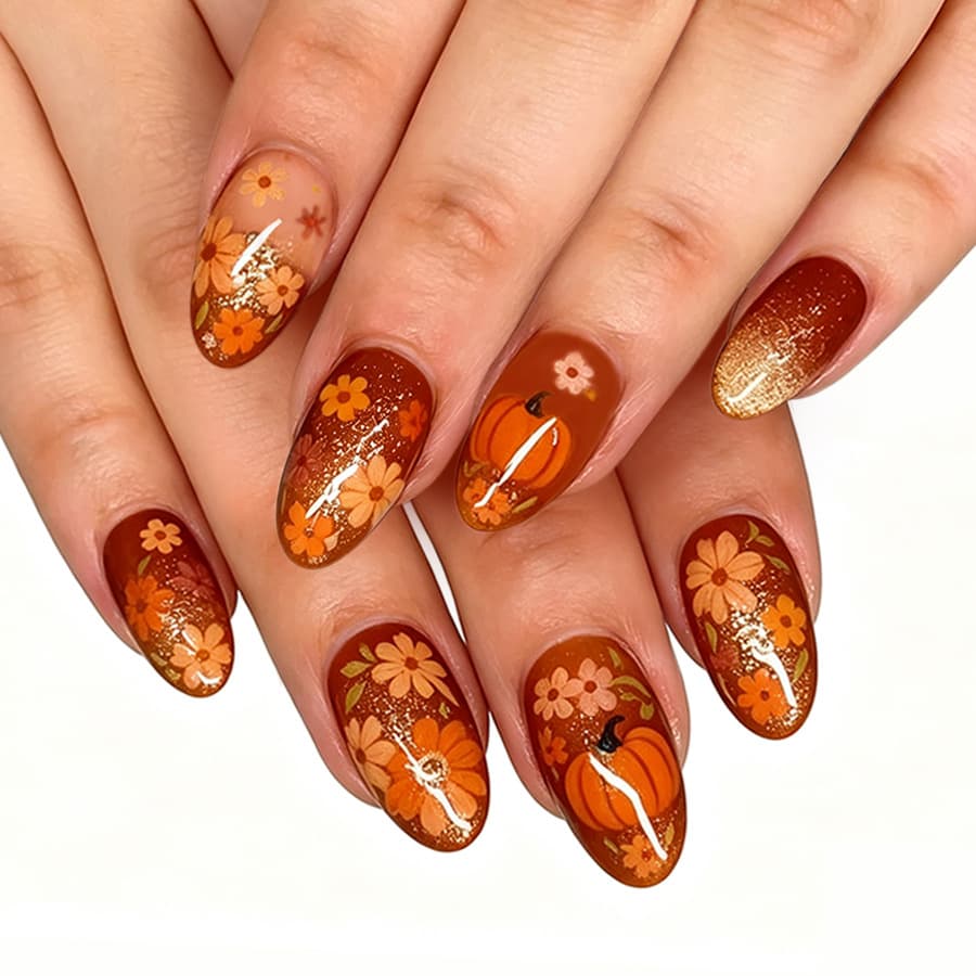 Short Glossy Oval Nails, European and American Cross-Border Export Autumn/Winter Pumpkin Flower Orange-Red Glitter Press-On Nails, 24 Pieces