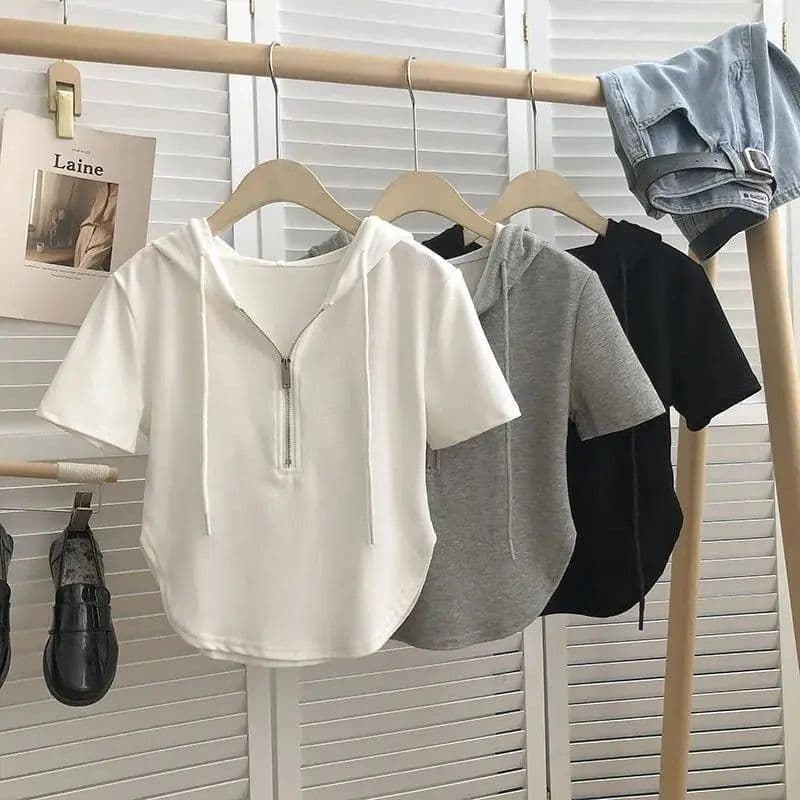 Summer Hooded Zipper Short-Sleeve T-Shirt for Women 2026 New Korean Style Slim Fit Short Spicy Pure Desire White Top Ins