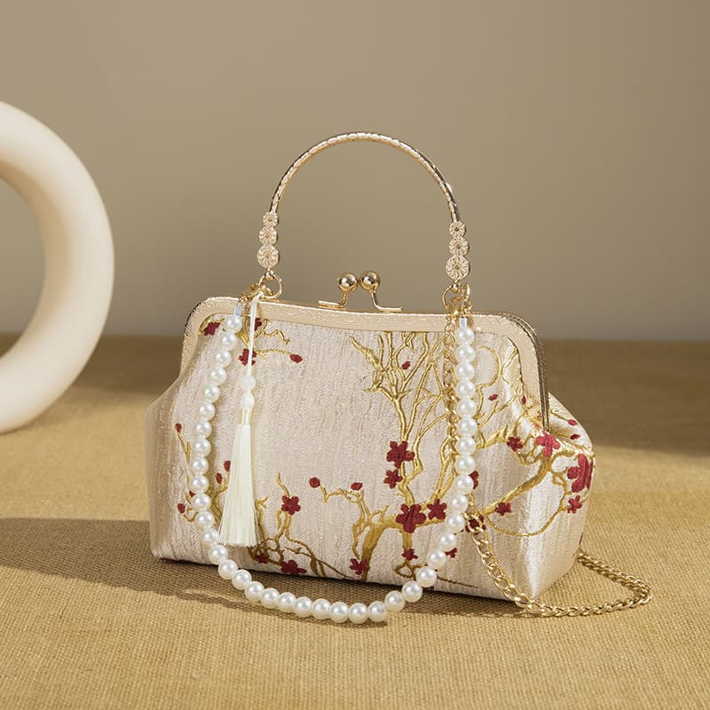 Vintage Wedding Bag New Chinese Style Women's Purse Clutch Bag Pearl Chain Bag Single Shoulder Crossbody Wedding Banquet Handbag