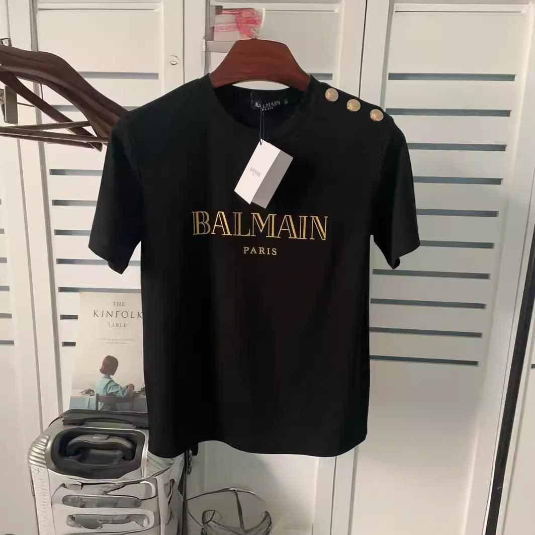 2025ss spring and summer new Balmain balmain short sleeve shoulder gold buckle bronzing letters cotton T-shirt lovers