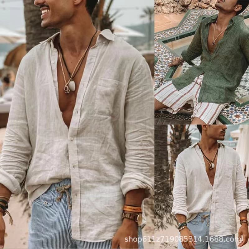 2025 New Autumn Men's Solid Color Casual Long-Sleeve Open-Front Beach Shirt with Lapel, European and American Style