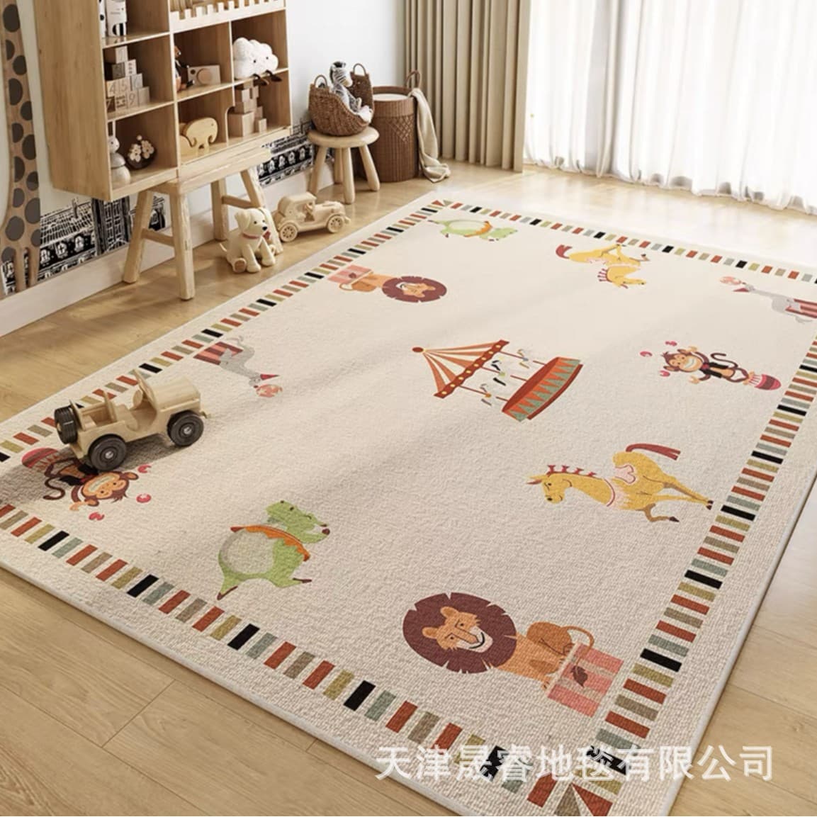 Cartoon Circus Kids Room Rug, Large Living Room Full Sofa Blanket, Stain-Resistant and Easy-Care Crystal Velvet Carpet
