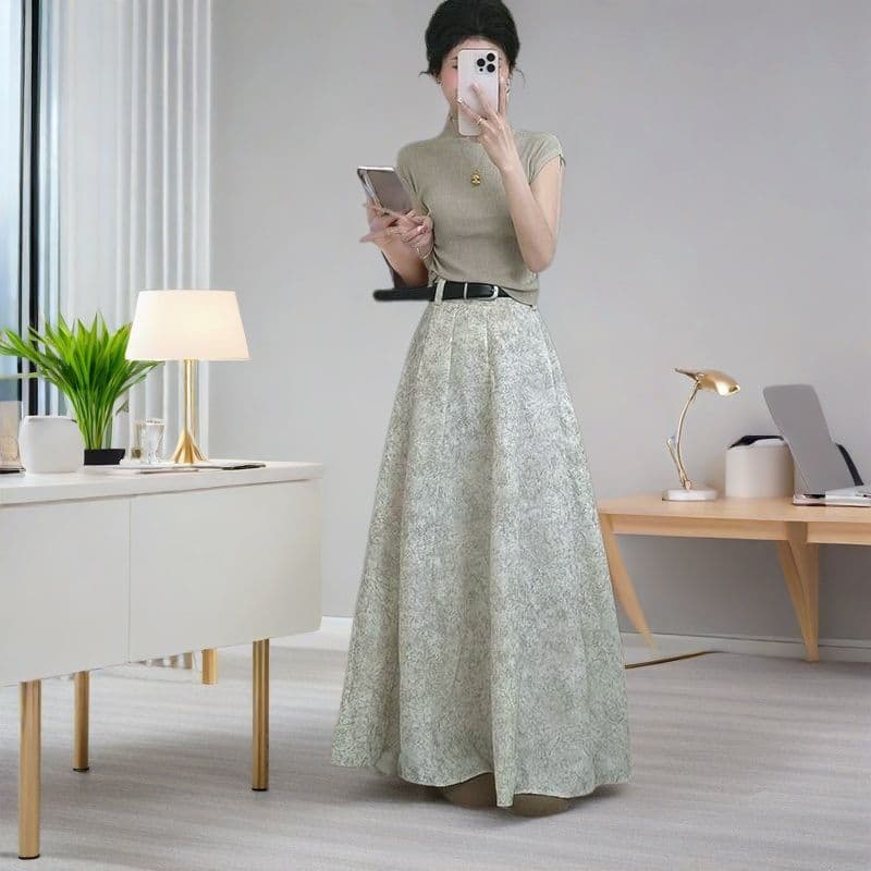 Summer New High Waist Plus Size Fat MM Korean Style Small High Neck Knit Short Sleeve Top Floral Print Skirt Set Women