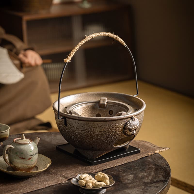 Large Creative Hoop-Handled Terracotta Charcoal Tea Stove, Heat-resistant Carbon Boiler for Tea Rooms