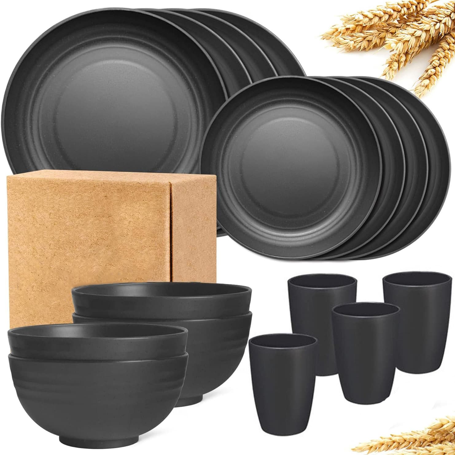 Cross-border 16-Piece Bowl, Plate, Cup, and Utensil Set, Pure Black, Household Plastic, Drop-Resistant Dinner Bowls, Plates, and Water Cups