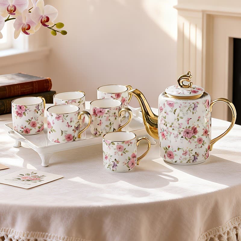 Flower Series French Vintage Electroplated Gold Ceramic Tea Set, Vintage Elegant 1 Pot 6 Cups Gift Box