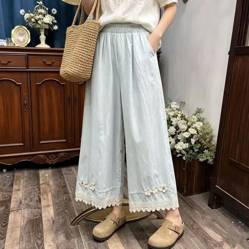 Korean Style Dopamine Floral Pants for Women Petite Summer Thin Cropped Straight Loose Lace Trim Beige Wide Leg Pants