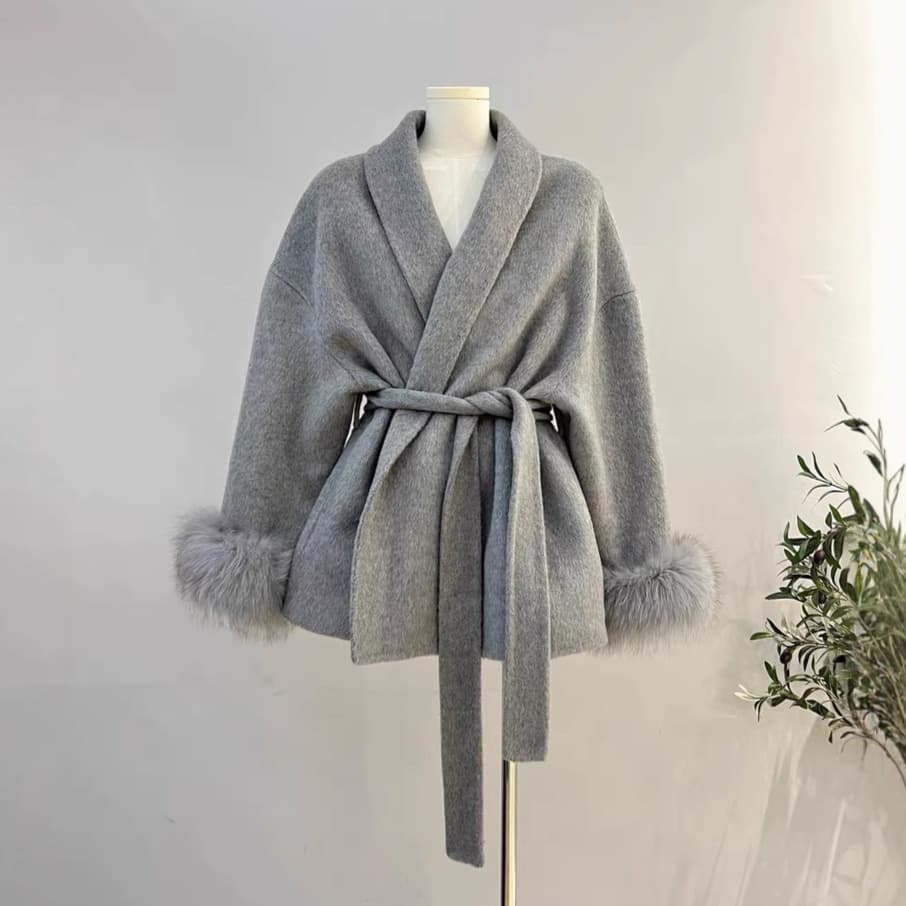 2025 Fox Fur Double-Faced Wool Coat for Women, Short Coat for Women, Elegant Bathrobe Style Double-Faced Wool Coat, Cross-Border