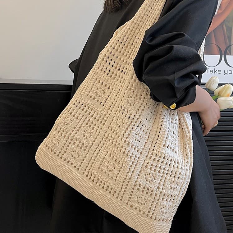Knitted bag retro mesh hollow simple woven bag women's shoulder bag bags woolen handbag shopping bag