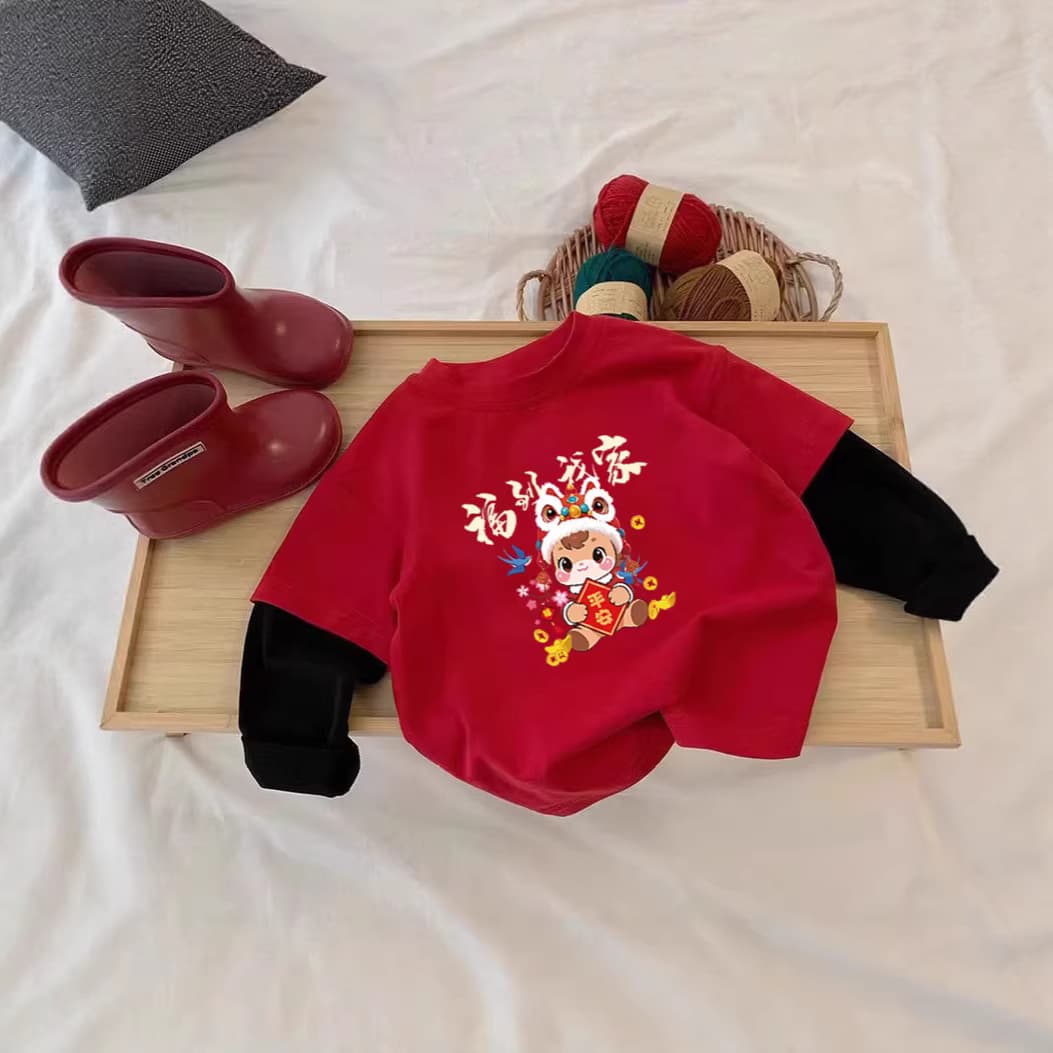 Boys and Girls Horse Year Faux Two-Layer Long-Sleeve T-Shirt 100% Cotton 2026 Red Toddler Undershirt Kids New Year Top
