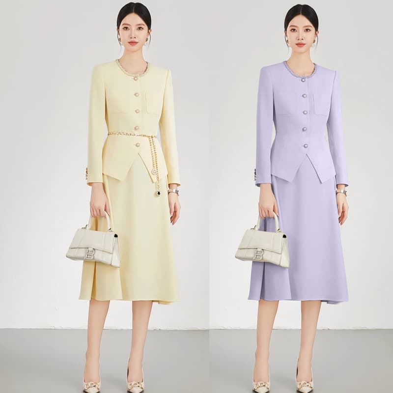 Spring and Autumn Fashionable Romantic Little Chanel Style Purple Suit Slim Fit Round Neck Korean Chic Mid-Length Women's Skirt Set OL