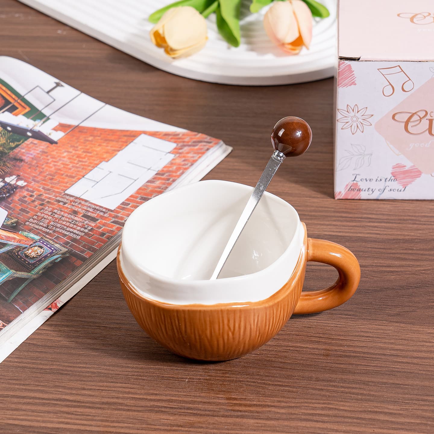 Creative Cute Coconut Shell Design Coffee Cup, Kiln-Changed Ceramic Mug, Niche Afternoon Tea Mug Gift, High-Quality