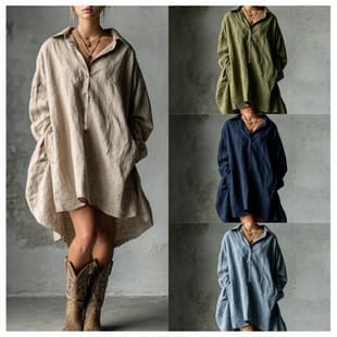 2026 Cross-border Women's European and American Loose Turn-Down Collar Button Long-Sleeve Cotton-Linen Shirt Dress, Casual Women's Wear