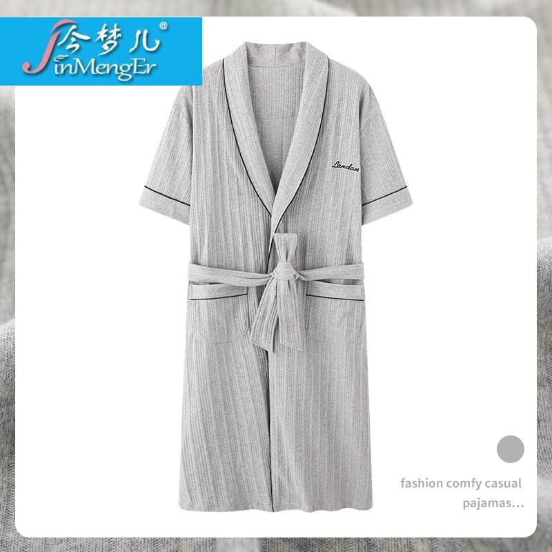 Cross-border Thin Cotton Bathrobe Nightgown Men's Summer Short Sleeve Mid-Length Bathrobe Plus Size Pajamas Loose Wide Homewear