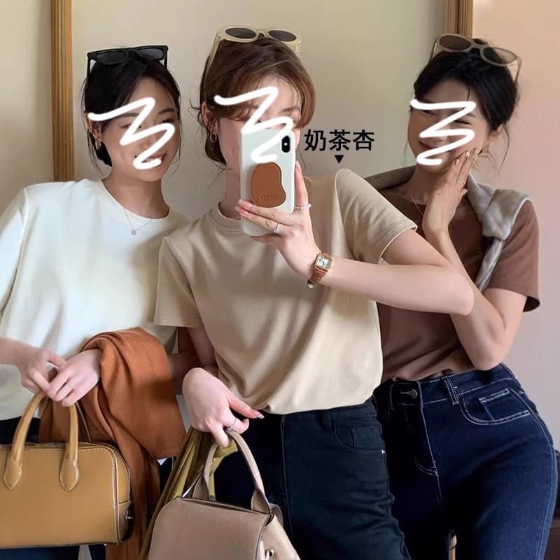 Dopamine Short Sleeve T-Shirt for Women Summer Korean New Style Slim Fit Half Sleeve Tee Simple Solid Color Top Ins