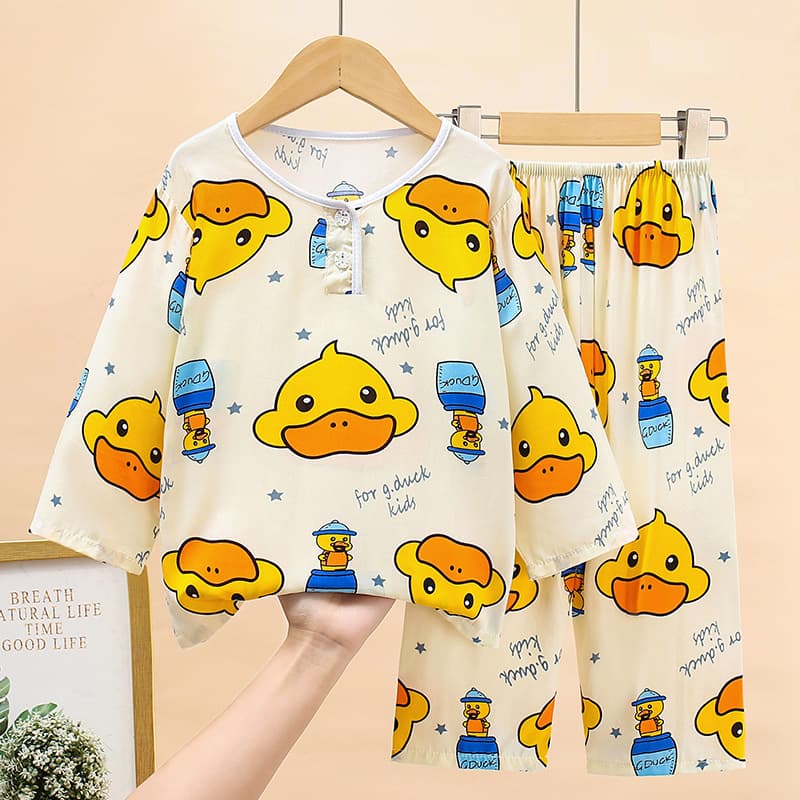 New children's cotton silk pajamas spring and autumn thin girls long-sleeved suit little boy baby home clothes one piece drop shipping