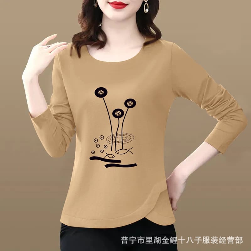 Women's Long Sleeve T-Shirt, New Korean Style Loose Fit Slimming Plus Size, Round Neck Cotton Undershirt, Fashionable Top