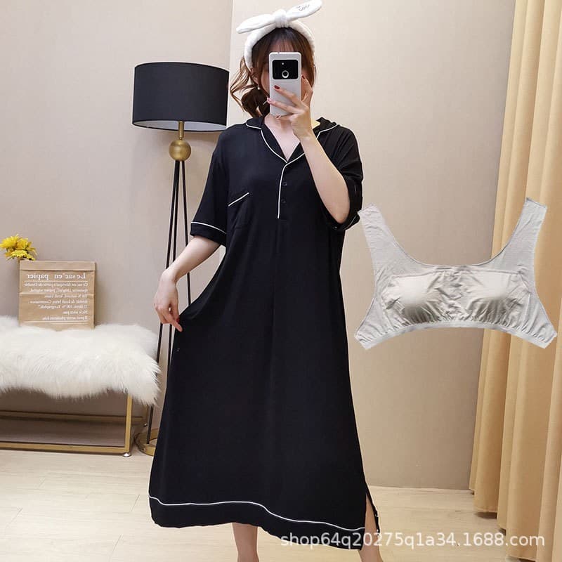 Wholesale Women's Summer Plus Size Short Sleeve Thin Nightgown with Pads, Loose Fit for 200 lbs, Wearable Outside