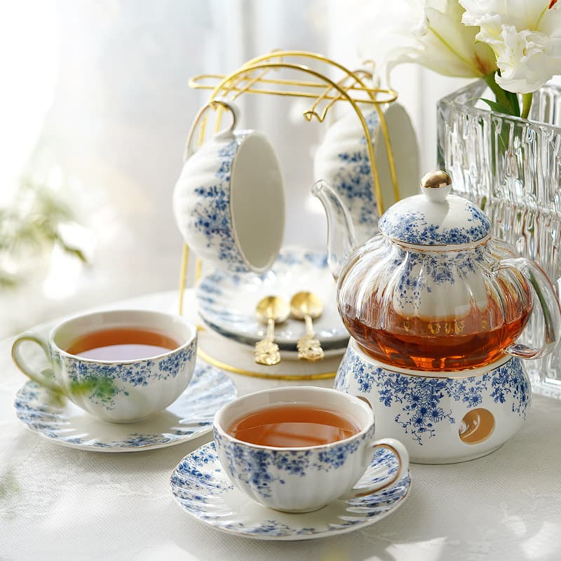 English Afternoon Tea Set, Teapot Set, Tea Cups and Saucers, Candle Heated Glass Teapot