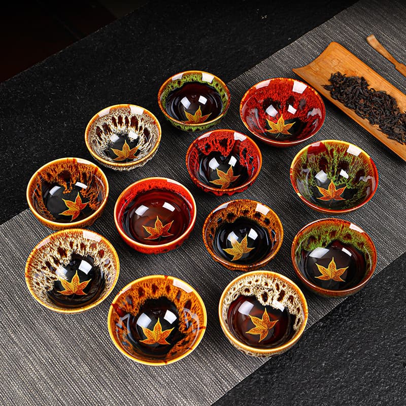 Maple Leaf Tea Tasting Cup, Jian Zhan Kiln-Transformed Leaf Cup, Japanese Ceramic Household Tea Set, Bamboo Hat Cup