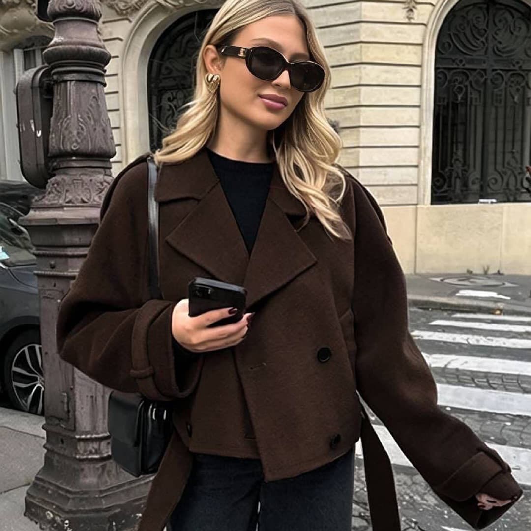 European and American Style Women's Clothing Wholesale New Fashion Simple Suit Collar Lace-Up Double-Breasted Long-Sleeved Woolen Jacket Short Jacket