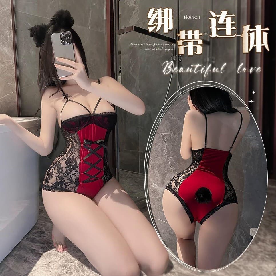 Sexy Pajamas Retro Red Sexy Lace Hollow Strap Jumpsuit Set Sexy Underwear Pure Desire Uniform