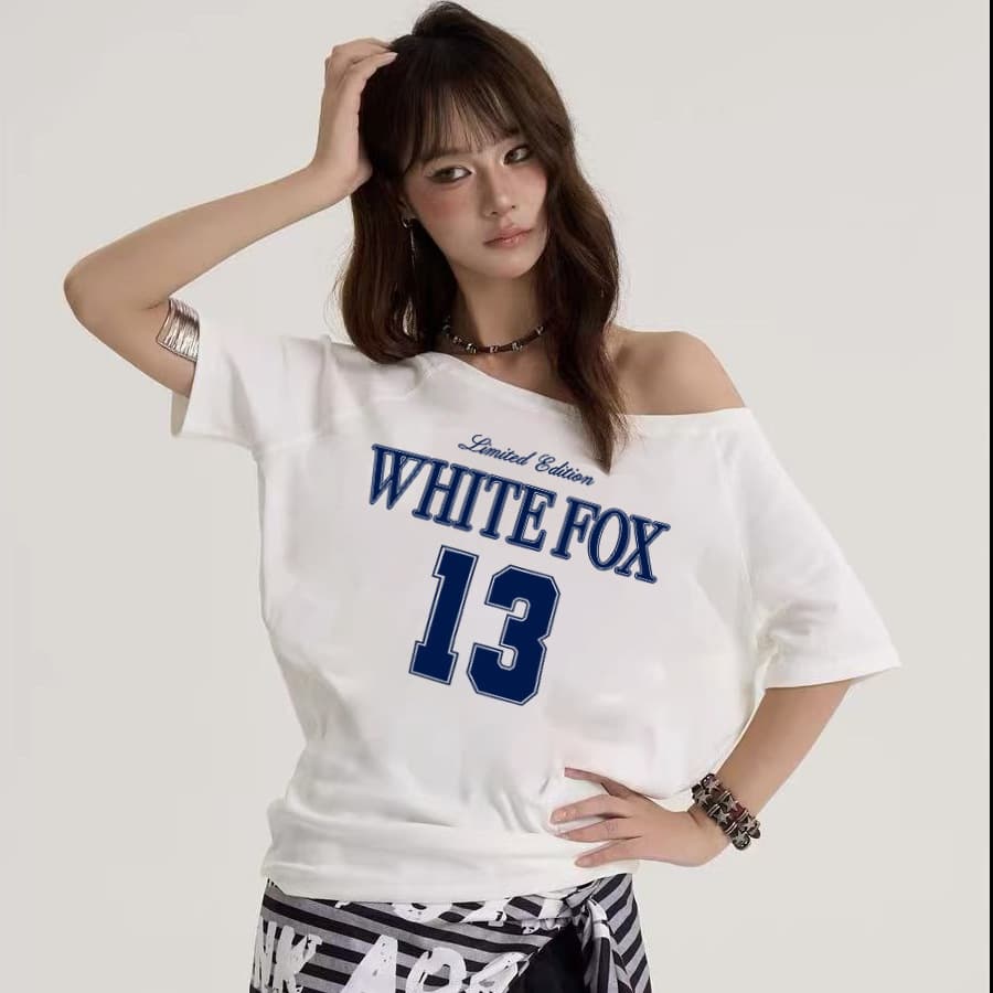American-style Letter Print Off-Shoulder Short Sleeve T-Shirt for Women, Summer Retro Casual Loose Fit Slimming Asymmetric Top