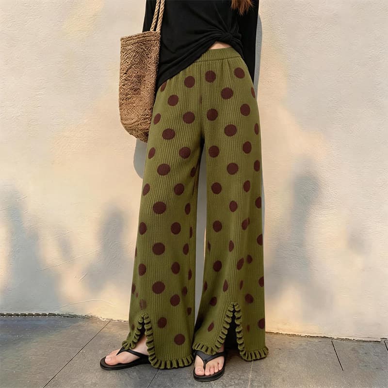Green Polka Dot Casual Wide-Leg Pants for Women 2026 Summer New Loose Relaxed Flowy High-End Straight-Leg Trousers