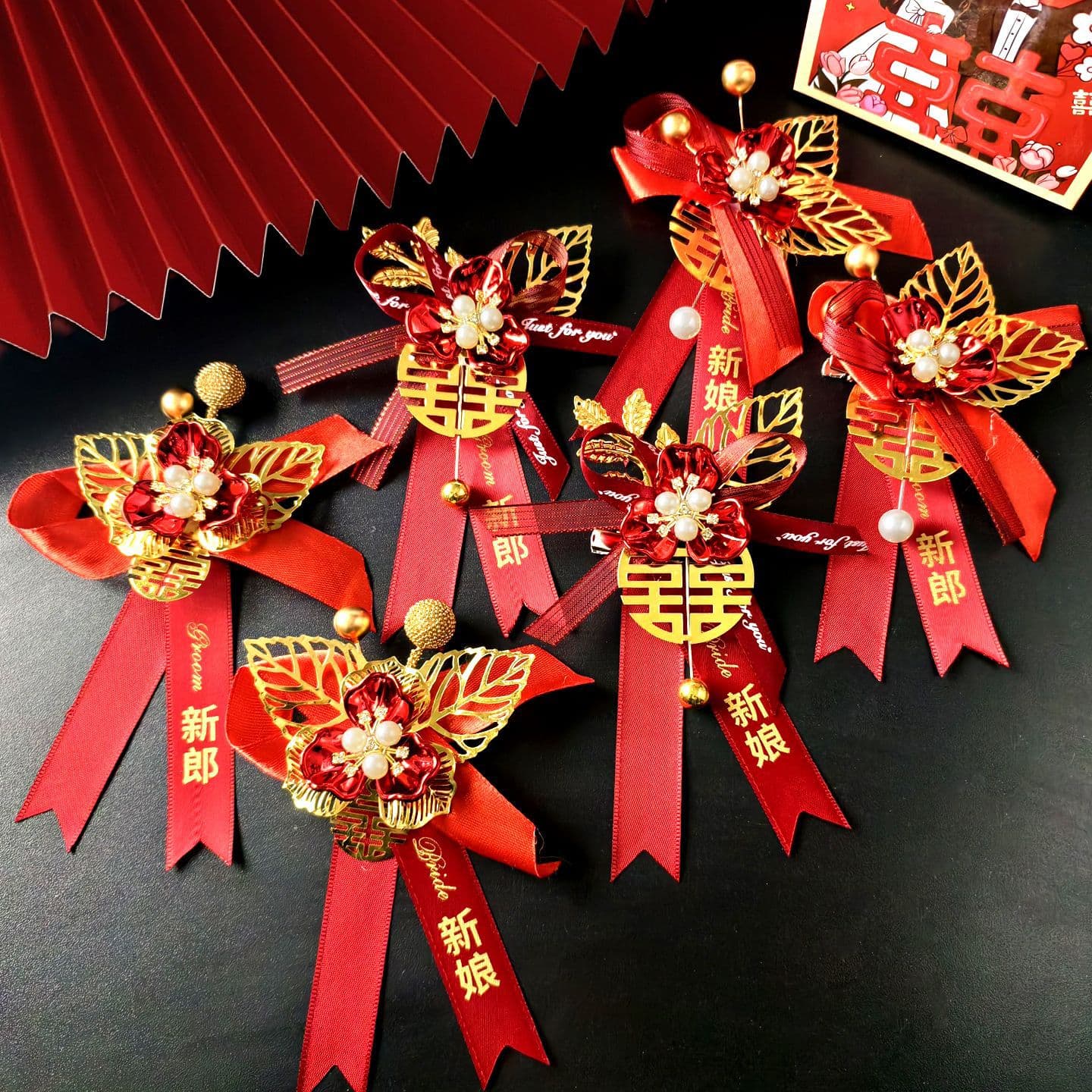 Wedding Corsages Hand Flowers for Bride Groom, Handmade Double Happiness Full Set Father Mother Boutonnieres