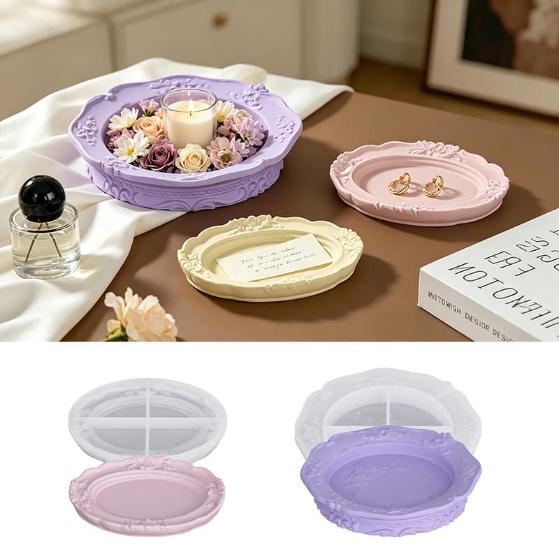 DIY European Vintage Embossed Lace Round Oval Aromatherapy Plaster Storage Tray Silicone Mold