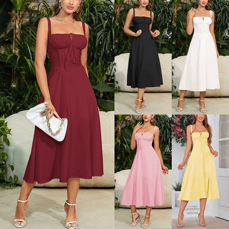 Summer new hot selling thin waist fishbone shaped slit drawstring straps chest strap dress