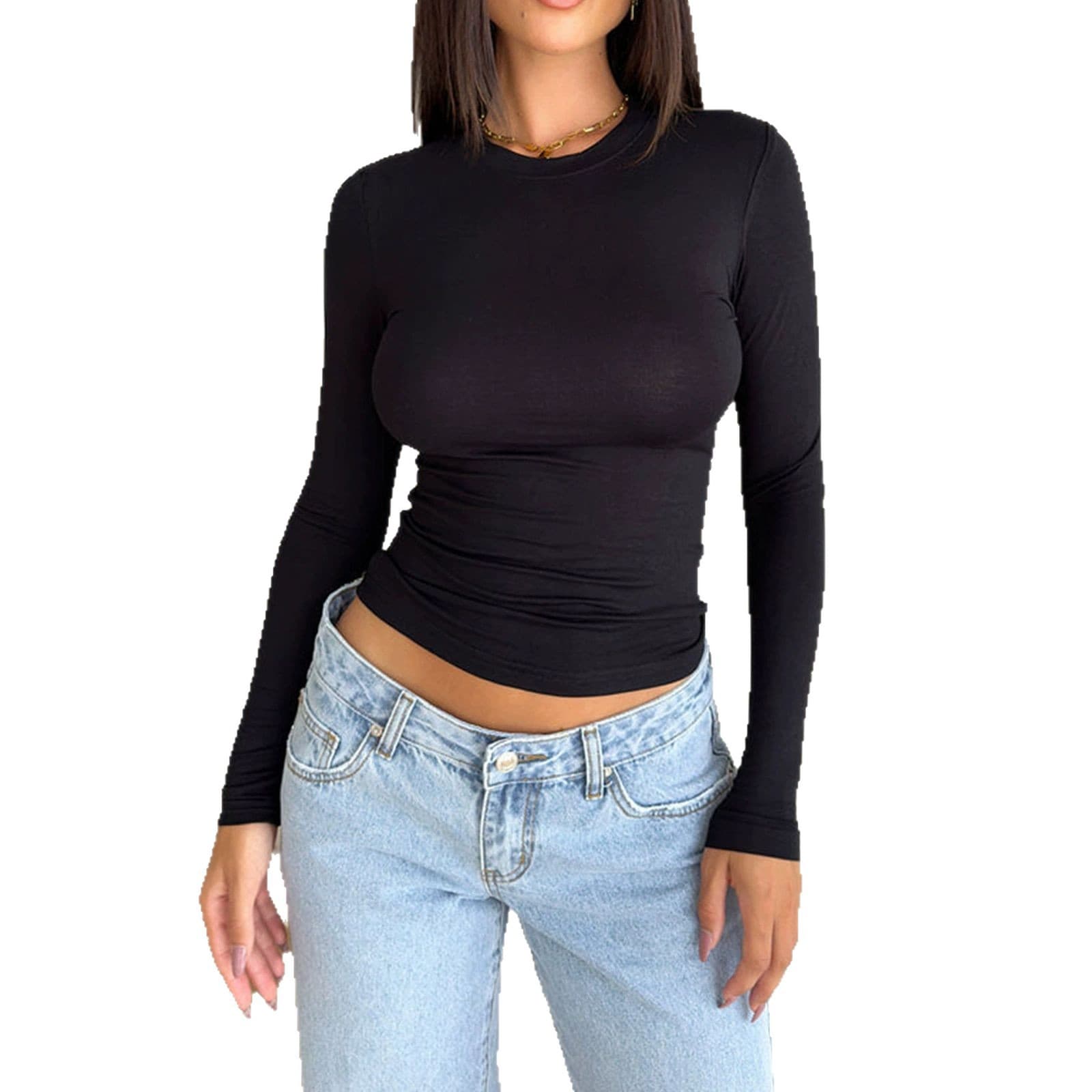 2025 EU/US Cross-border Amazon New Women's T-Shirt Y2K Casual Solid Slim Long Sleeve Base Tight Top