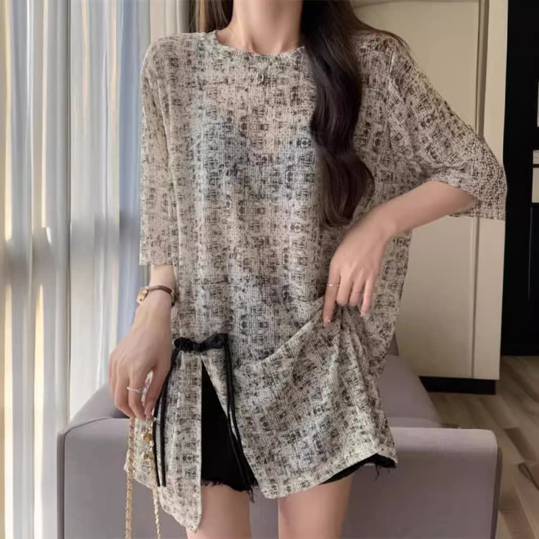 Medium-Length Side Slit T-Shirt 2024 Summer New Style Plus Size Loose Fit Slimming Unique Short Sleeves Top For Women