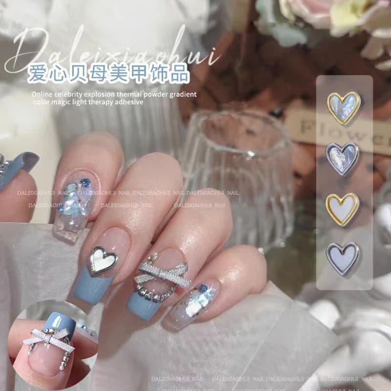 Internet celebrity nail art love mother-of-pearl 2026 new metal edged diamond shell nail decoration accessories wholesale