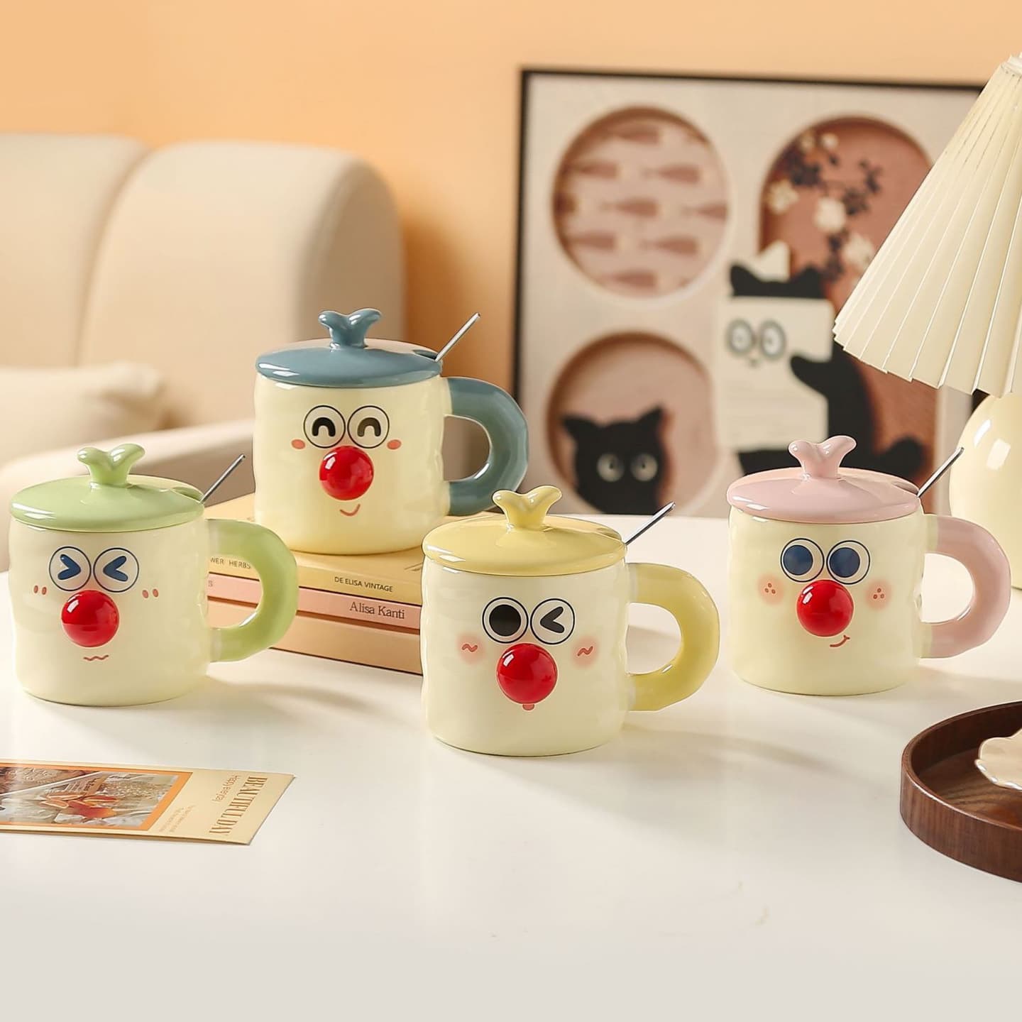 Cute Cartoon Ceramic Mug for Couples with Lid, Funny Expression Mug, Gift for Women, Practical