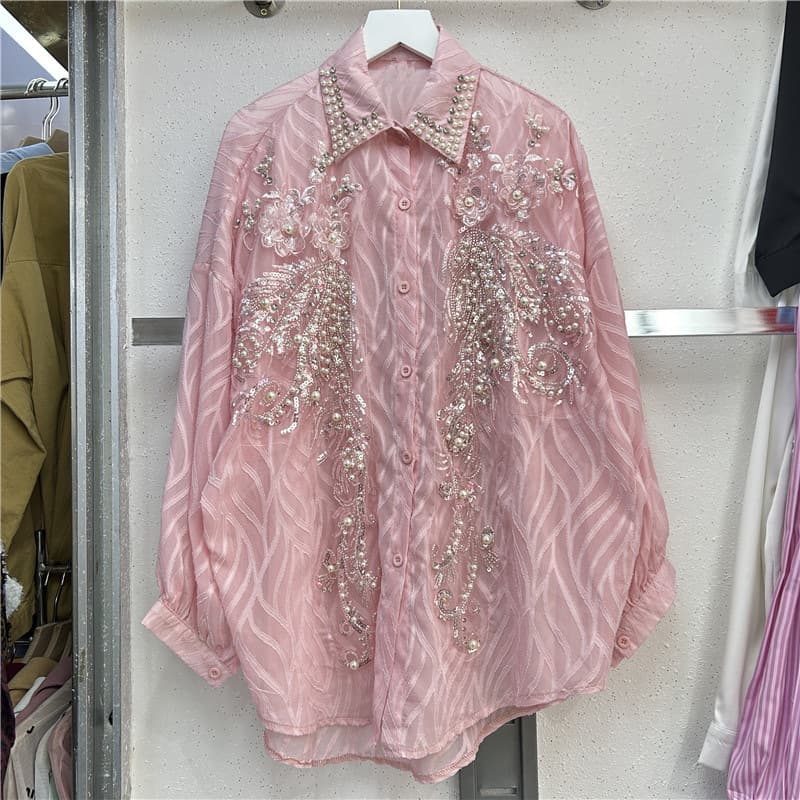 Fashionable Youthful Blouse for Women French Heavy-Duty Sequin Embroidery Rhinestone Versatile High-End Lantern Sleeve Slimming Top Trendy