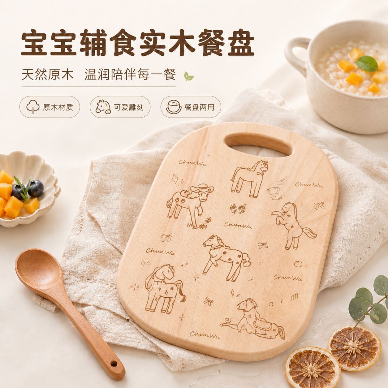 New Solid Wood Cutting Board Baby Food Plate Retro Little Horse Home Chopping Board Natural Unpainted Anti-Mold