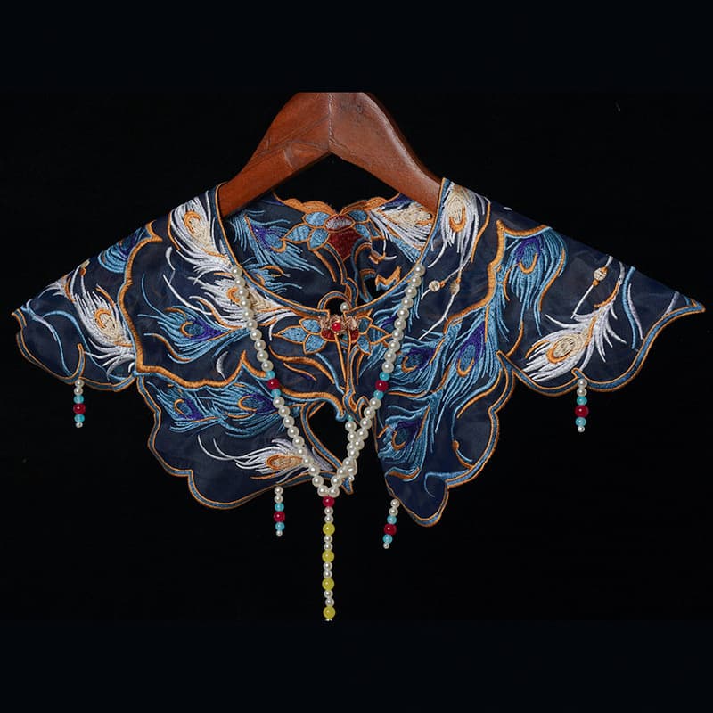Hanfu Cloud Shoulder, College Student New Chinese Style Horse Face Skirt, Hanfu Shawl with Embroidery, False Collar, Peacock Feather Blue