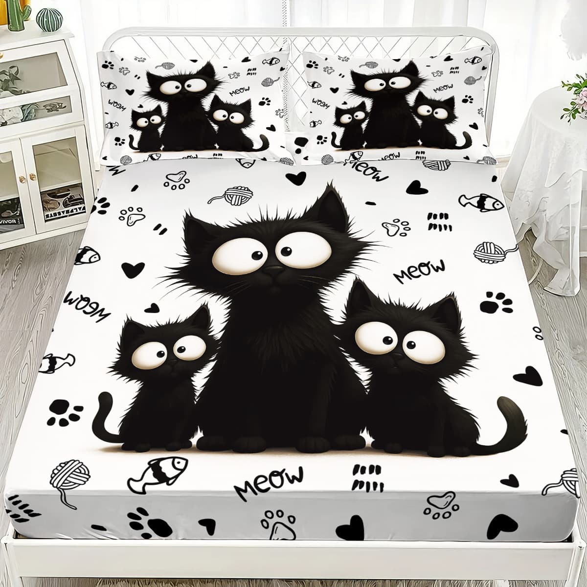 Cross-border Cartoon Black Cat Kids Bed Sheet Set Three-Piece Brushed Pillow Case Bed Cover Mattress Protector