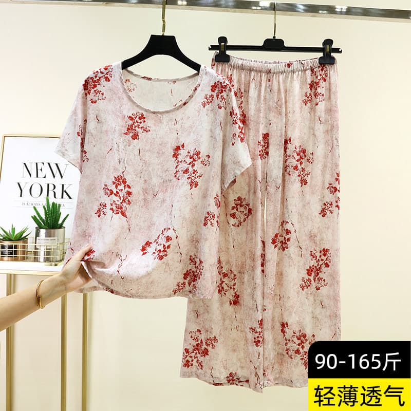 Soft Rayon Short Sleeve T-Shirt Homewear Summer Thin Plus Size Round Neck Pajama Set, Slim Fit, Artificial Cotton