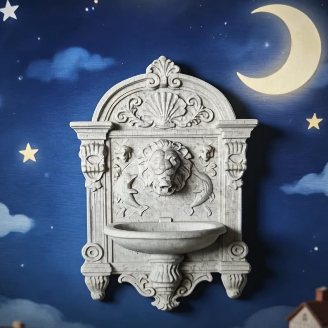 Mini European Classical Wall Fountain Lion Head Relief Wall Decoration Model Photo Prop Ornament