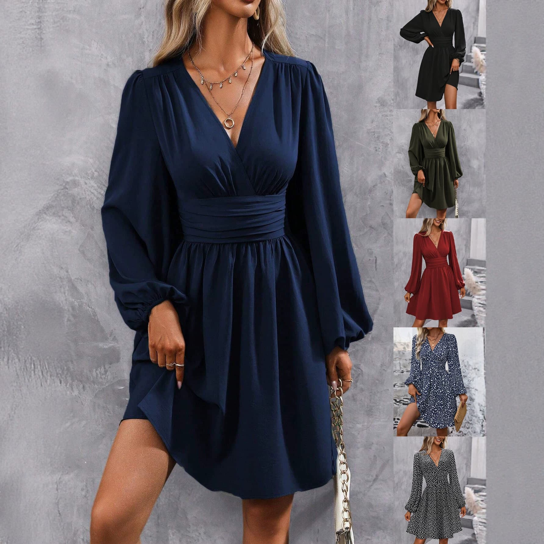 New Autumn and Winter Slant Collar Lantern Sleeves Ruffled Waist Dress