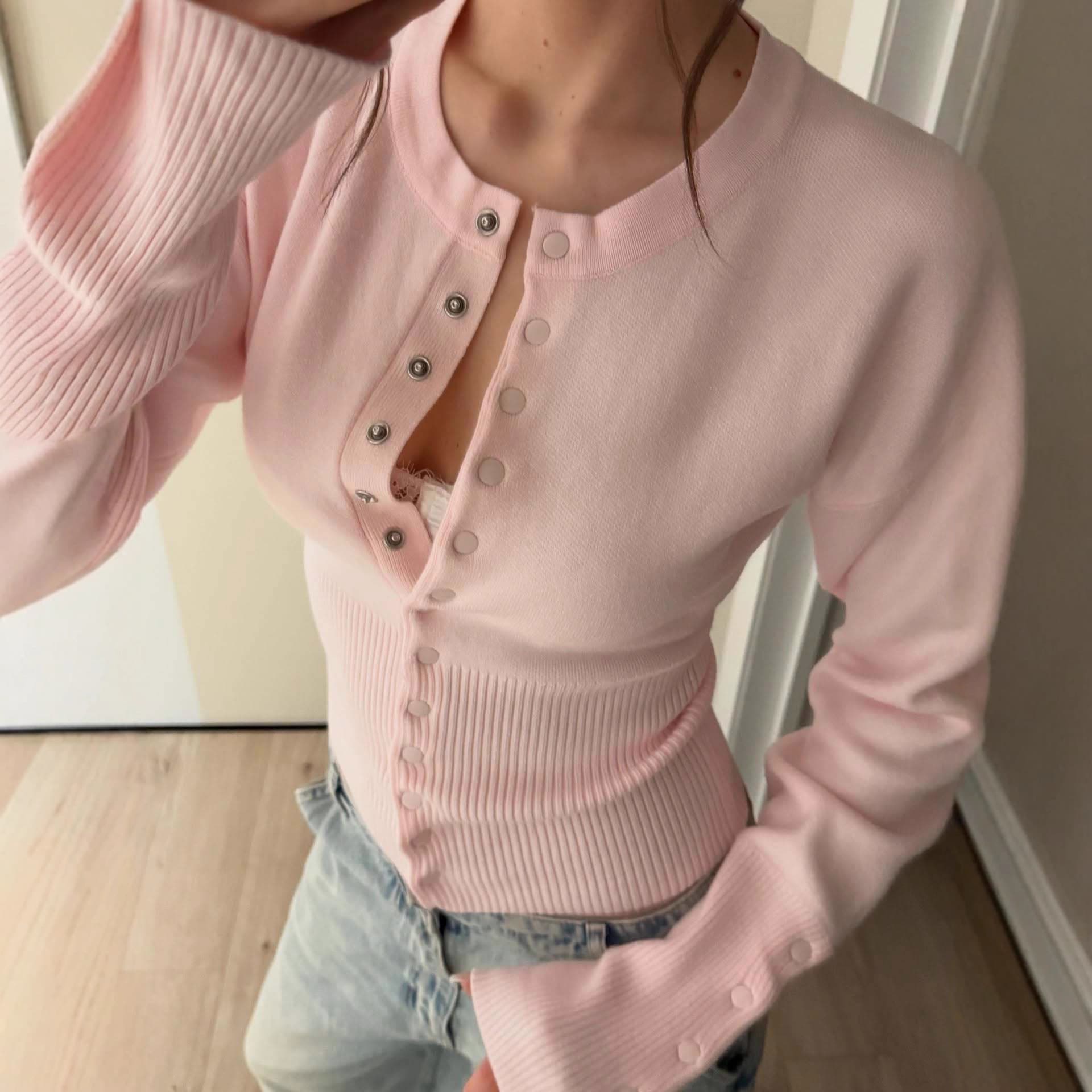 European and American cross-border temperament commuting fresh and sweet solid color round neck knitted cardigan jacket casual versatile personalized top