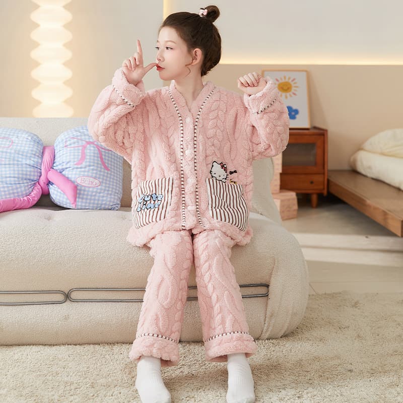 Children's Pajamas, Girls' Autumn/Winter Flannel Fleece-Lined Coral Fleece Homewear, for Middle and Older Kids, Junior High School Students