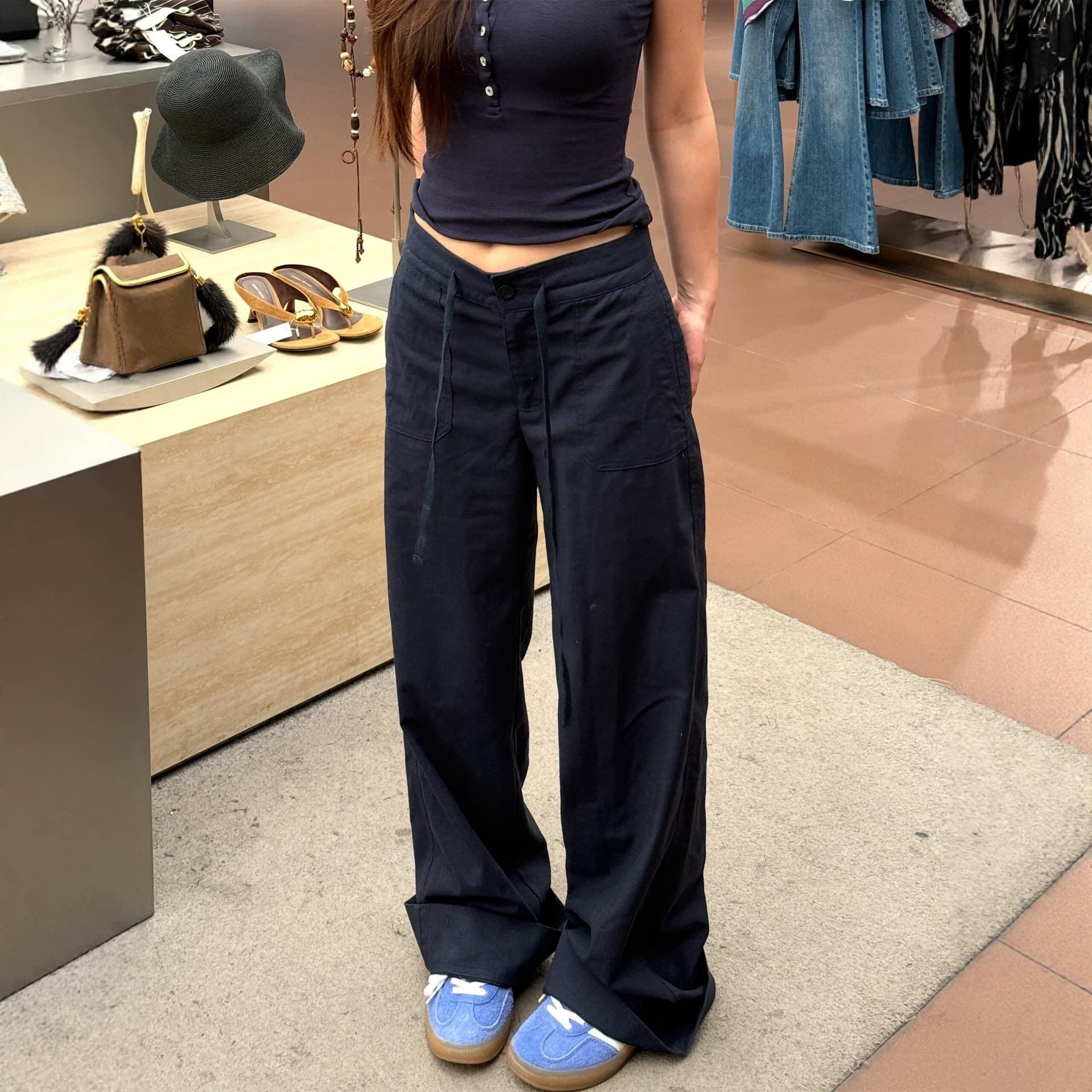 Navy Blue Linen Wide-Leg Pants for Women Summer Thin Old Money Style Low-Waist Drawstring Trousers Flowy Loose Straight Casual Pants