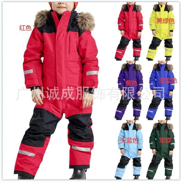 In Stock Factory Direct Cross-border Children's Outdoor Waterproof Fleece-Lined Thick Warm Ski Suit Glow-in-the-Dark One-Piece Set