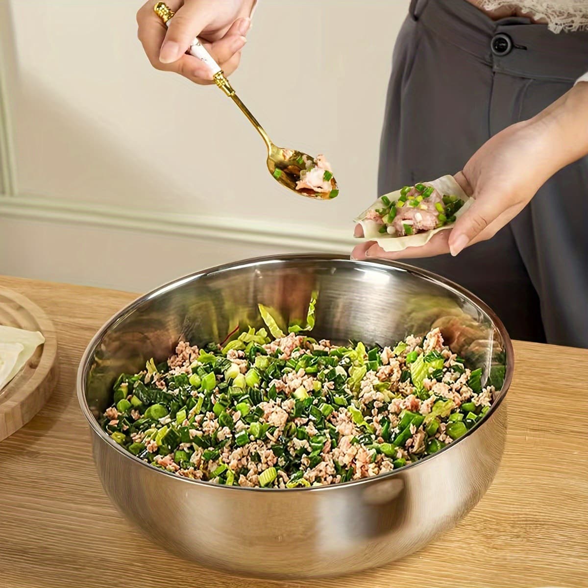 Multi-functional large stainless steel mixing bowl - perfect for dough, salads, and soups | easy to clean.